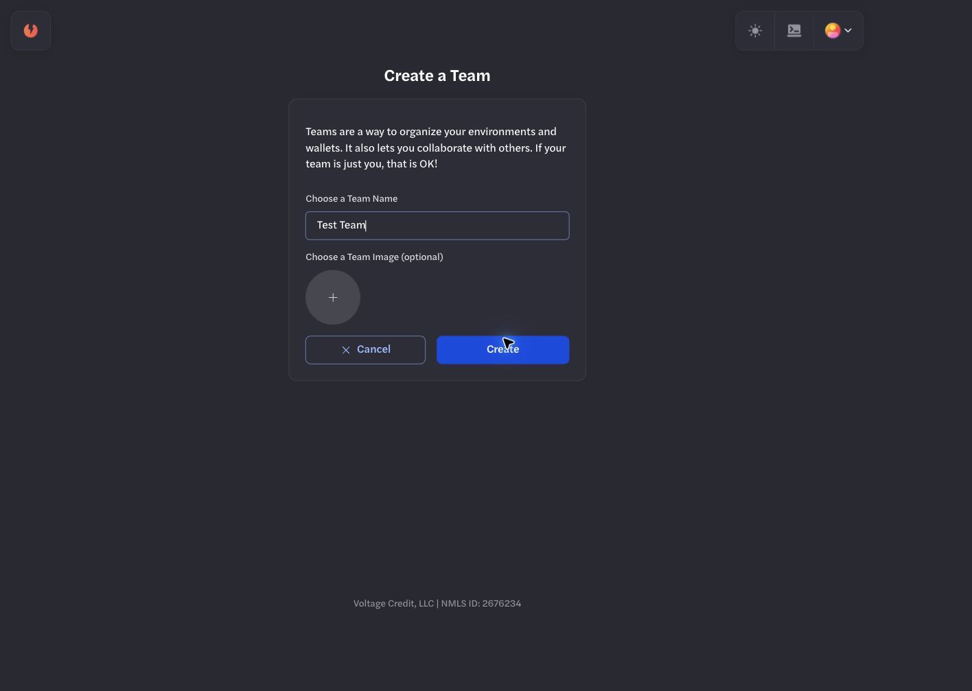 Create a Team form filled with the neutral name Test Team