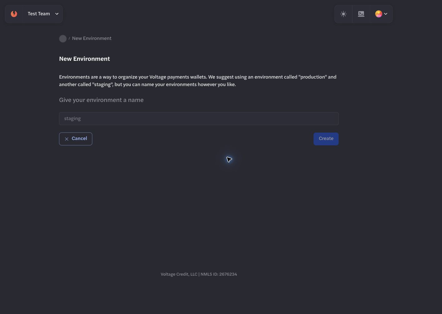 Empty New Environment form in the Voltage dashboard