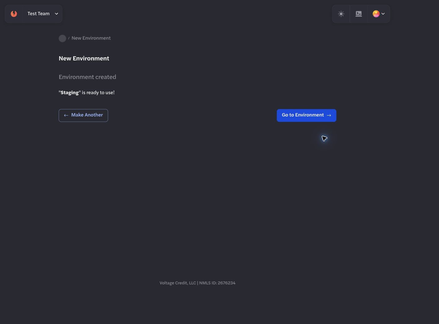 Newly created Staging environment in the Voltage dashboard