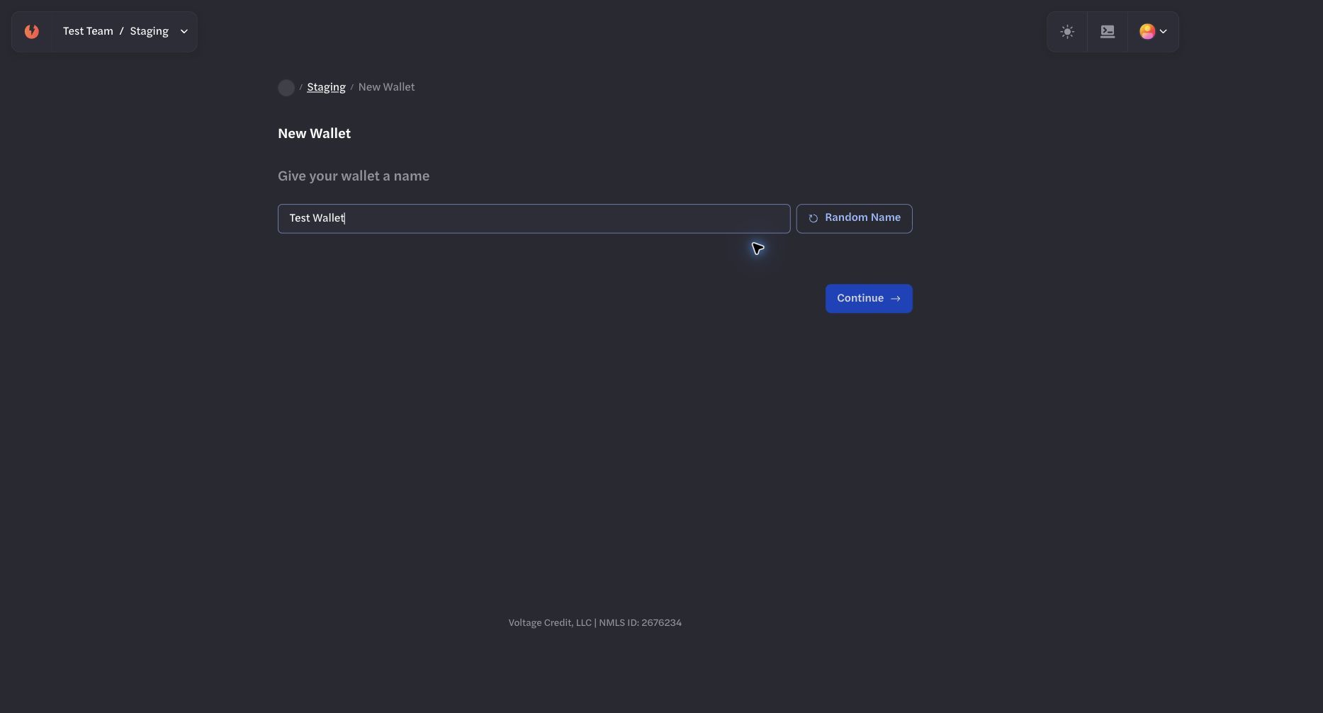 Development wallet name entered in the Add New Wallet flow