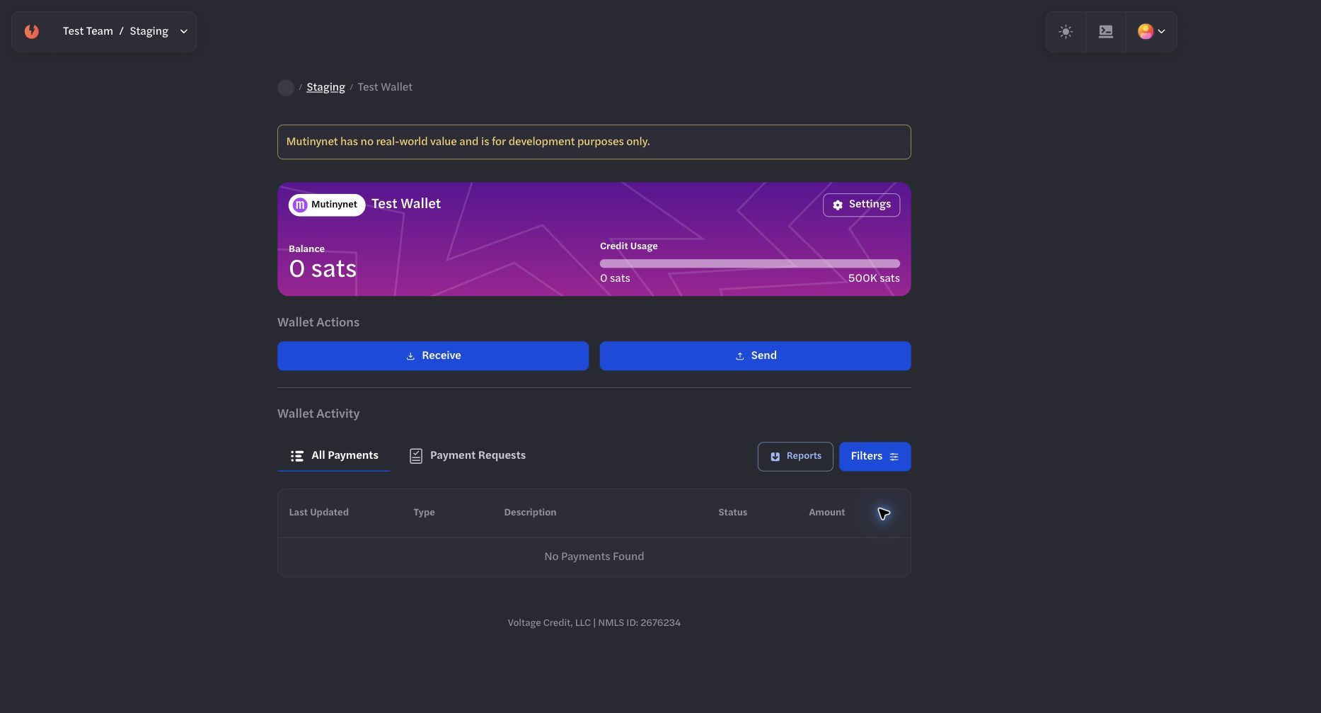 Empty Development wallet overview with Send and Receive actions