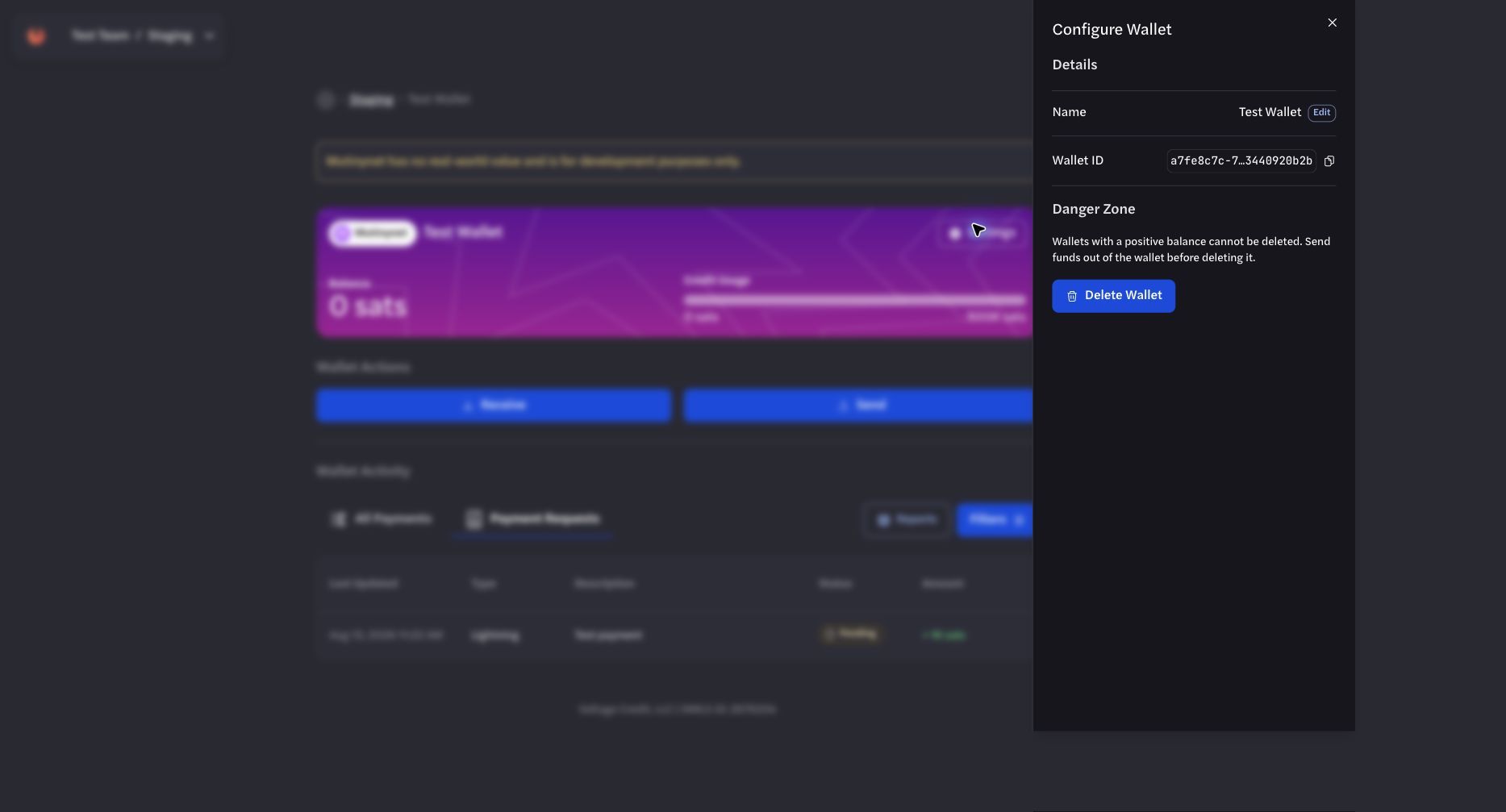 Wallet Settings page for a Development wallet