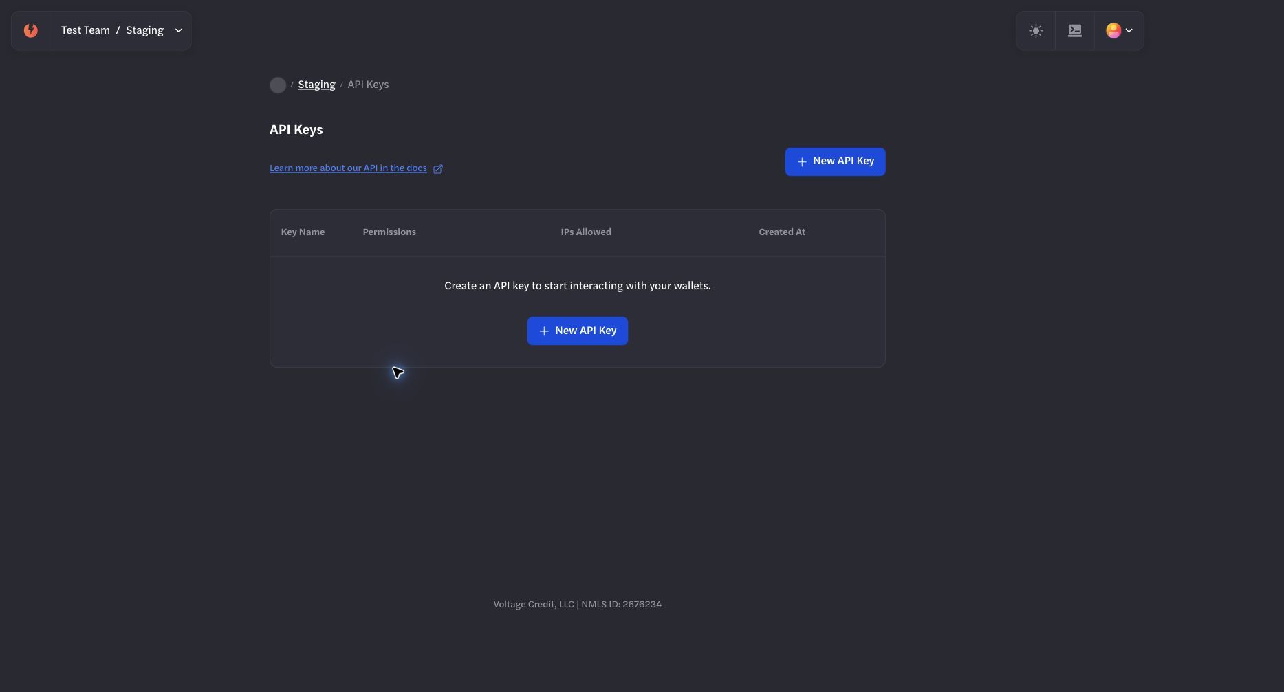 Empty API Keys page for the selected environment