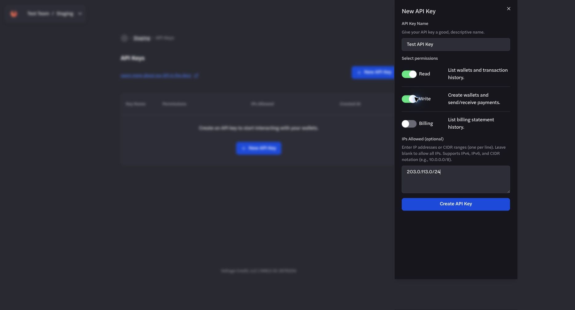 Create API Key form with permissions and an example IP allowlist