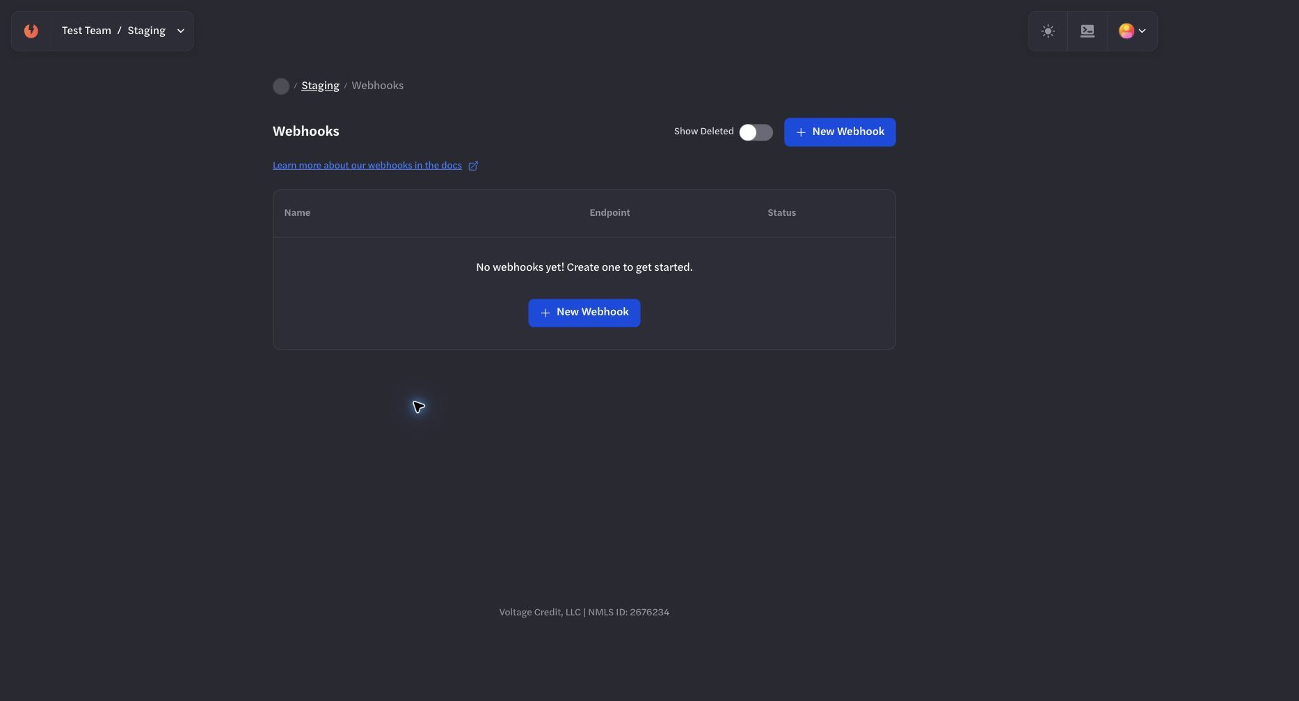 Empty Webhooks page for the selected environment