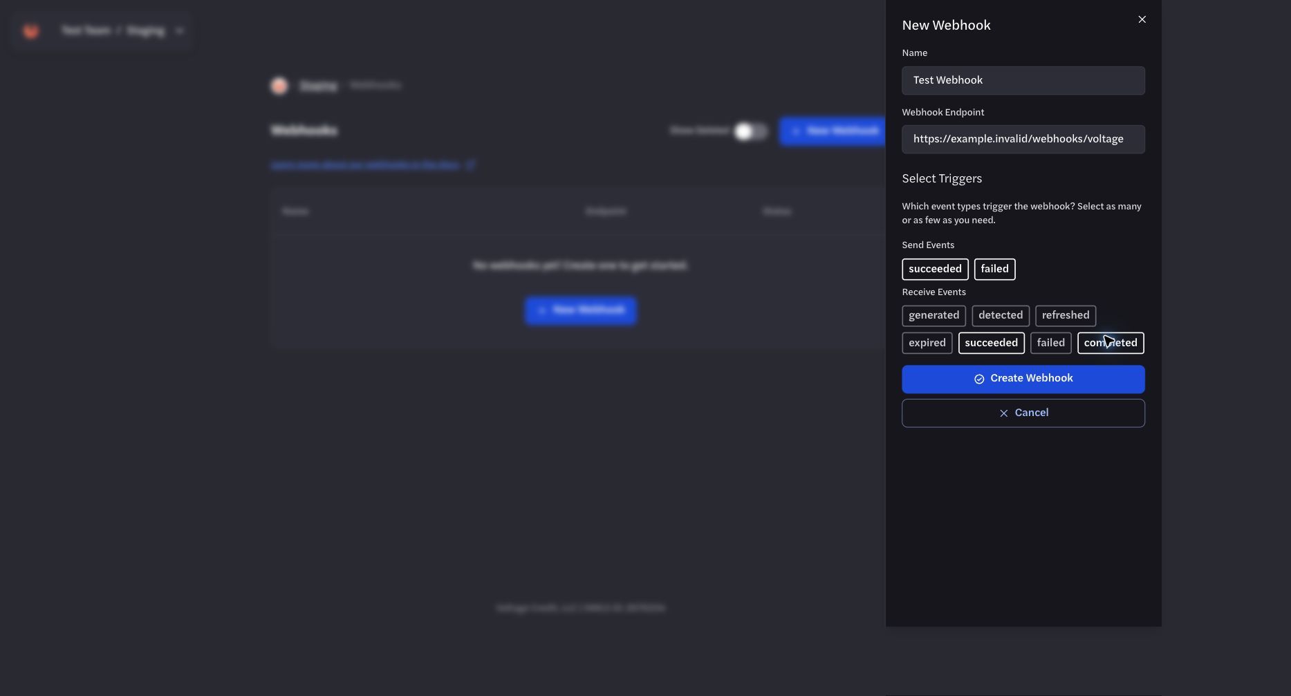 Create Webhook form with a safe example URL and event selections