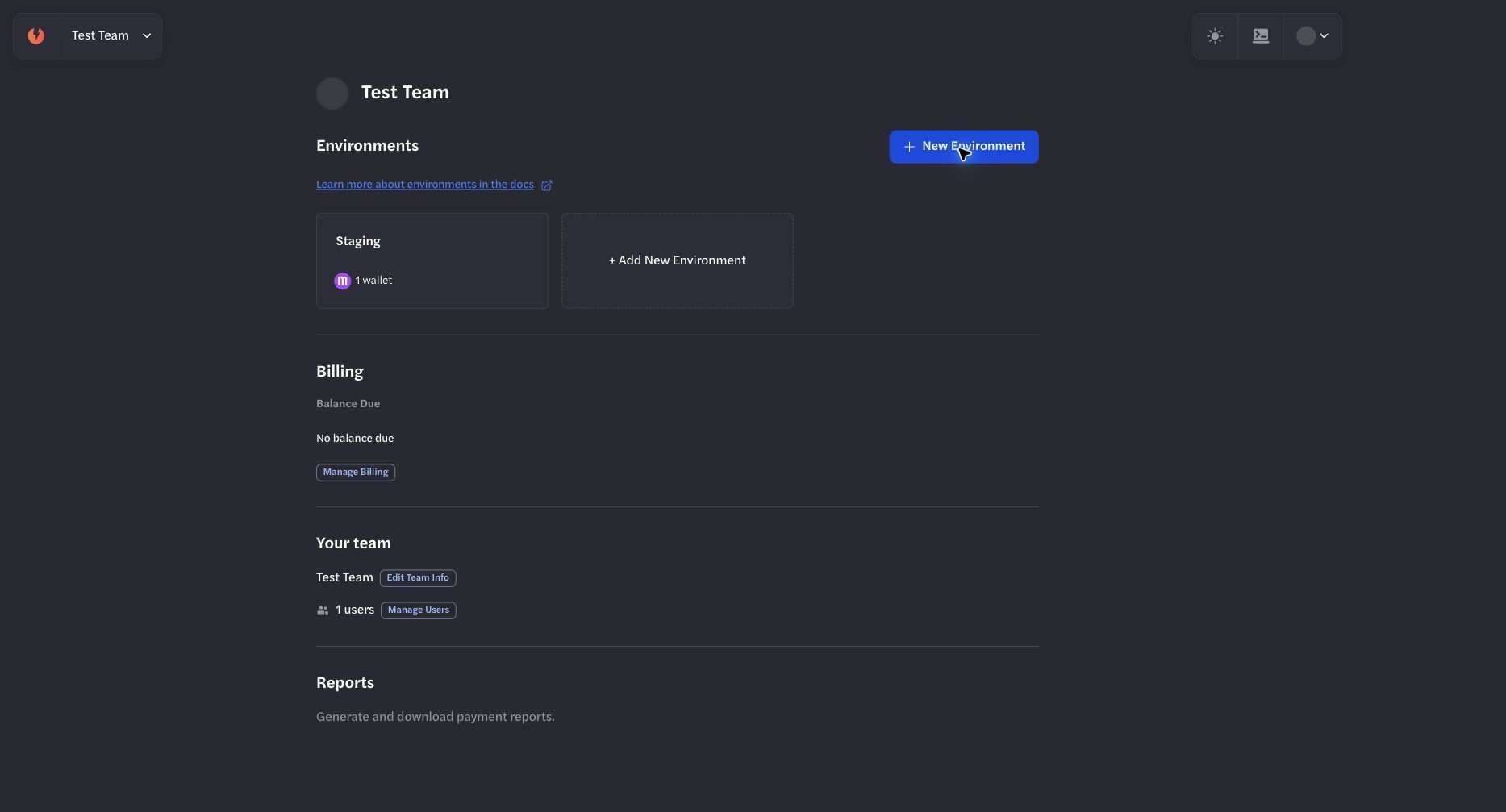 Voltage team overview showing environments and team administration actions