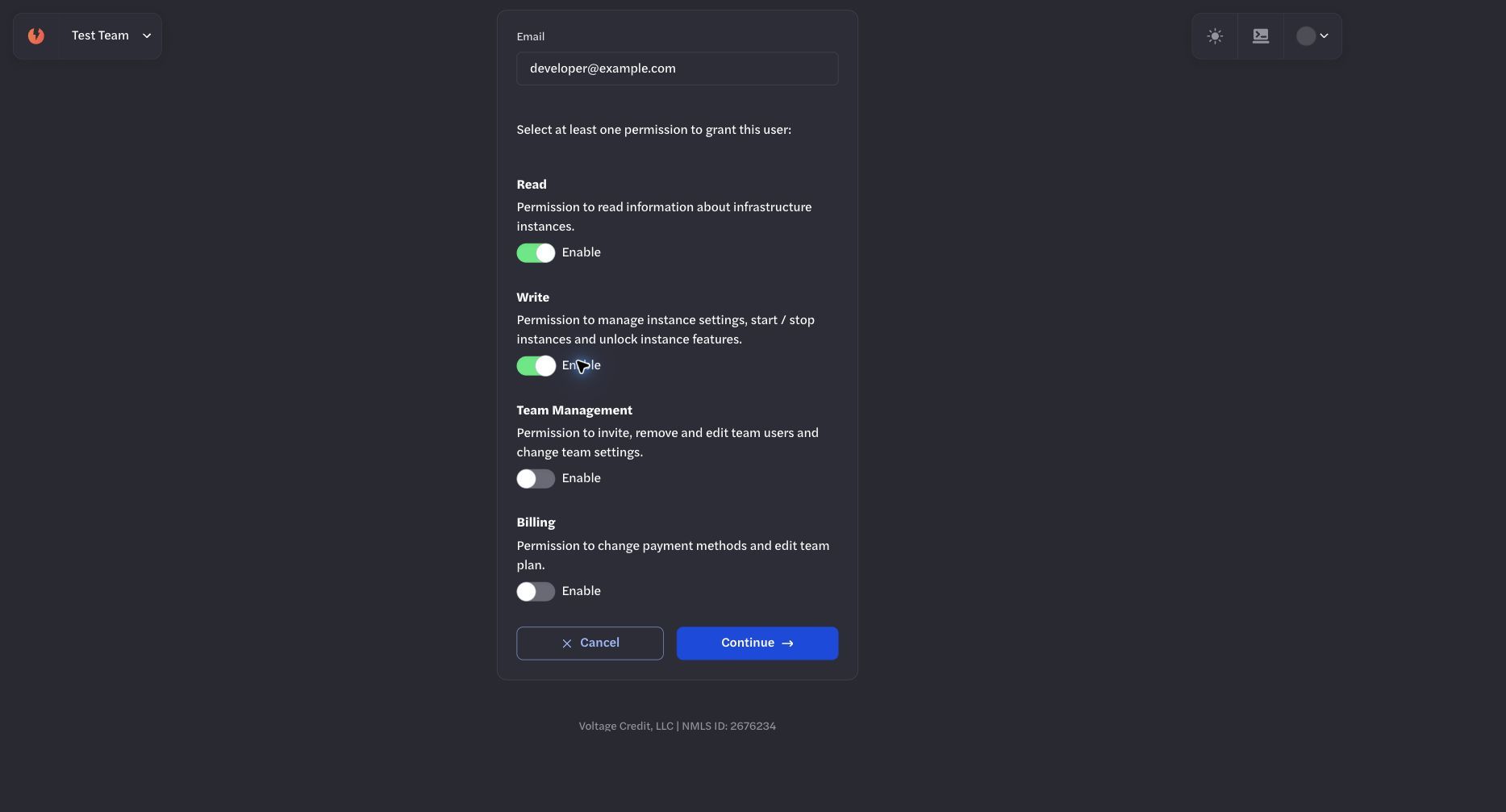 Invite user form with example team permissions selected
