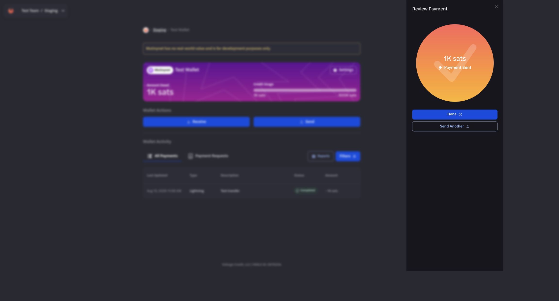 Completed test Lightning payment confirmation