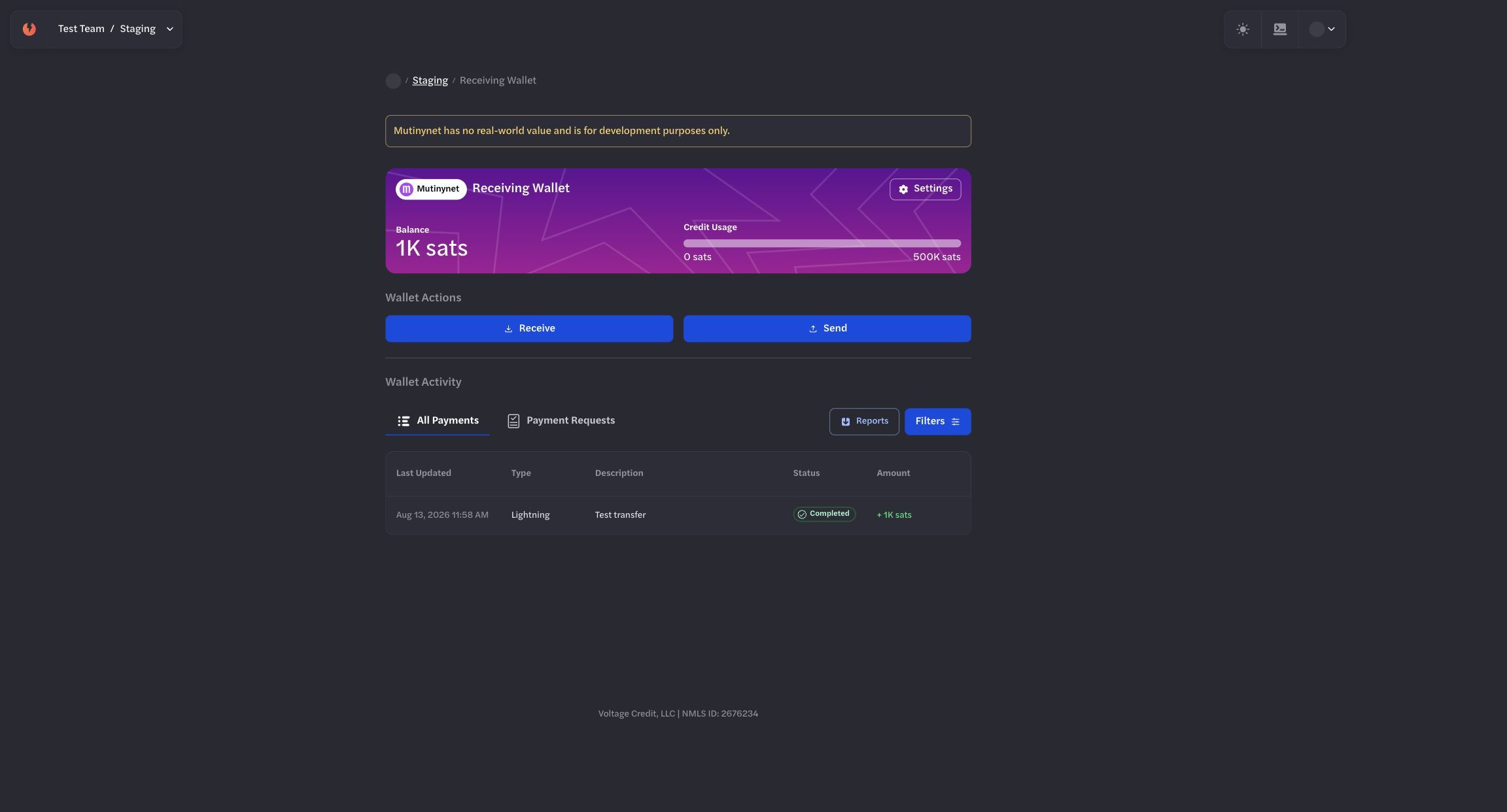 Incoming test payment in the receiving wallet history