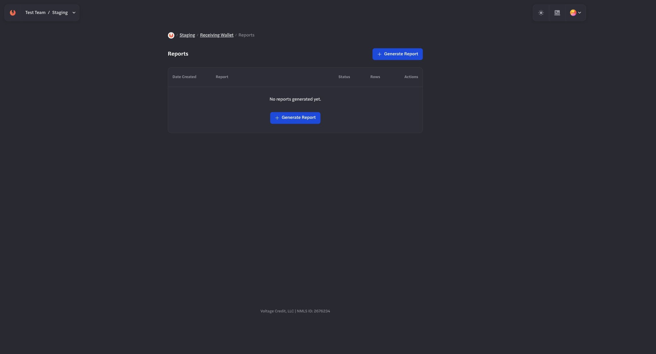 Empty wallet Reports page