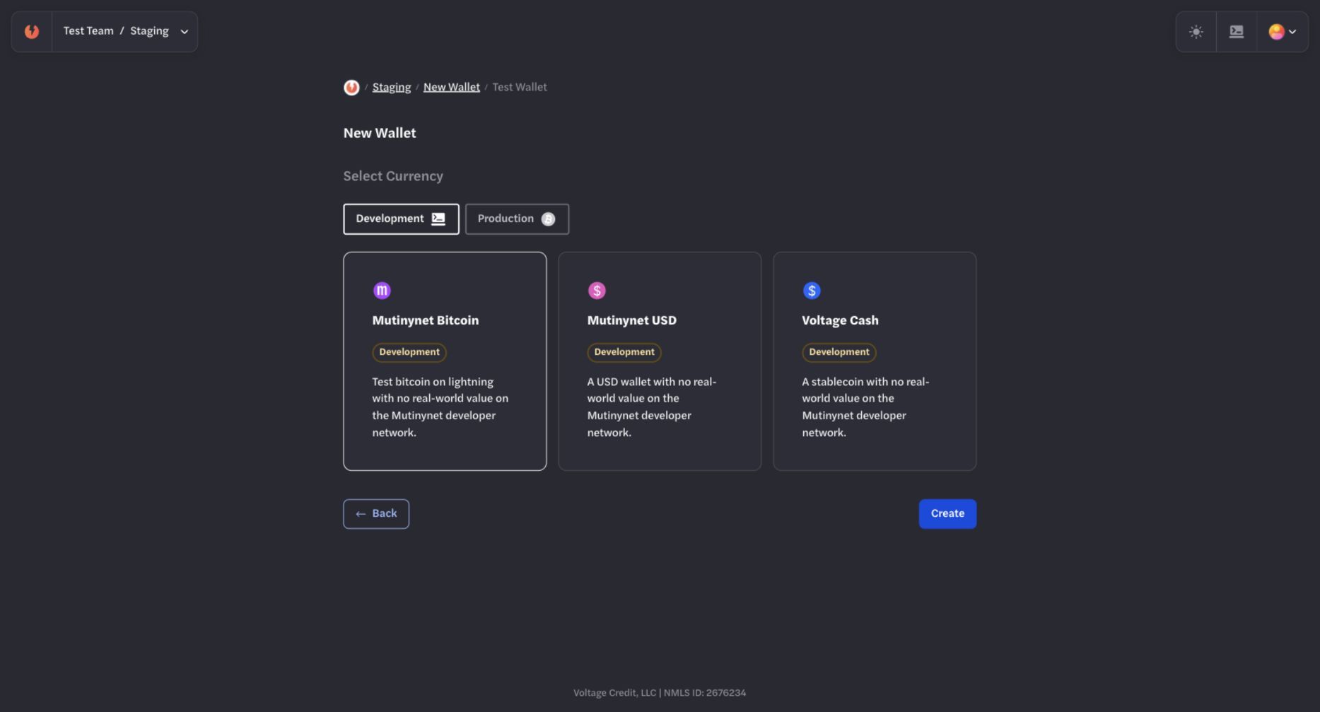 Development wallet choices showing Mutinynet Bitcoin selected with Mutinynet USD and Voltage Cash unselected